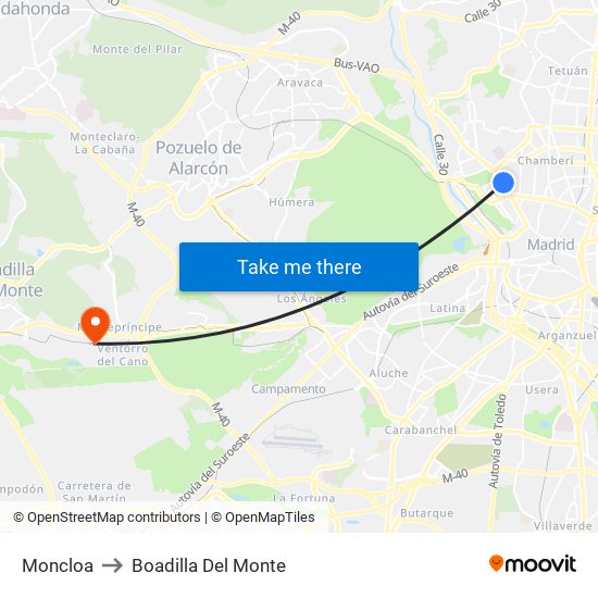Moncloa to Boadilla Del Monte map