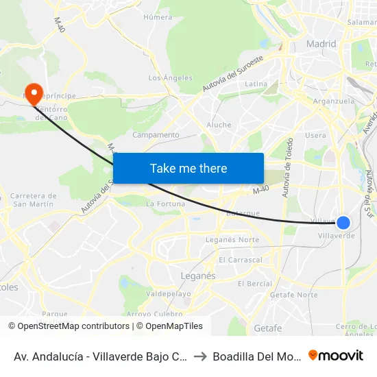 Av. Andalucía - Villaverde Bajo Cruce to Boadilla Del Monte map