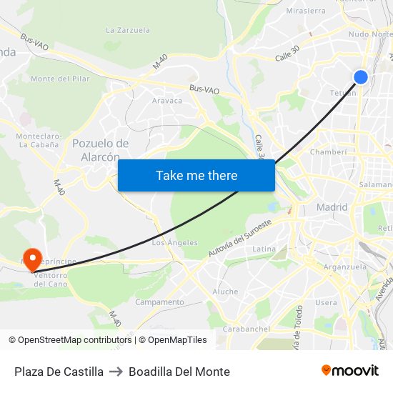 Plaza De Castilla to Boadilla Del Monte map
