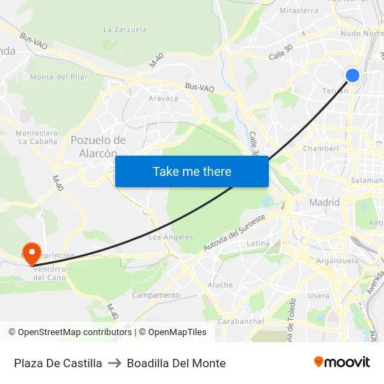 Plaza De Castilla to Boadilla Del Monte map