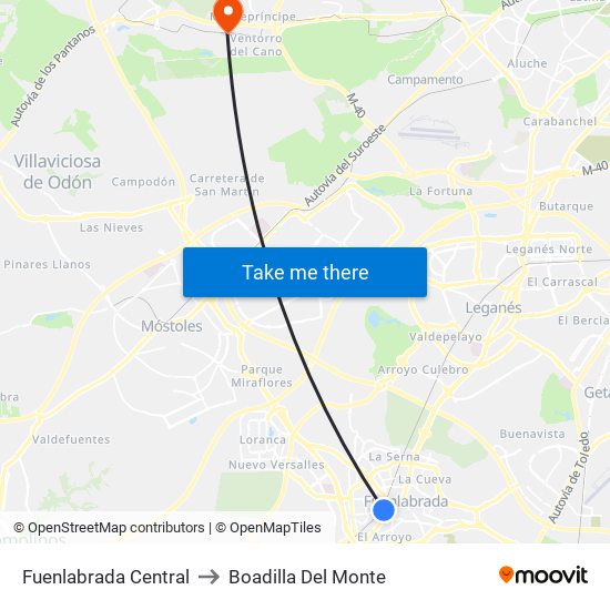 Fuenlabrada Central to Boadilla Del Monte map