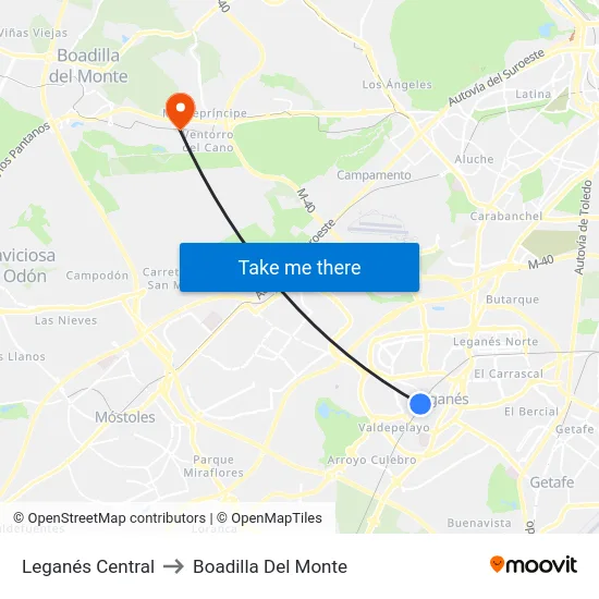 Leganés Central to Boadilla Del Monte map