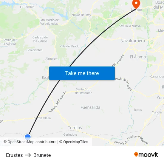 Erustes to Brunete map