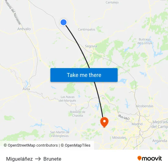 Migueláñez to Brunete map