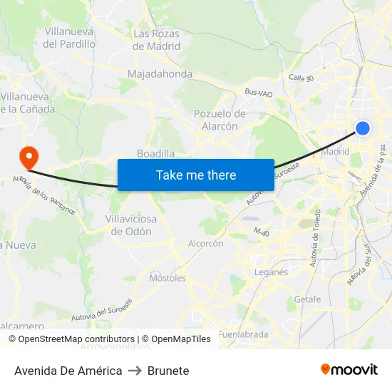 Avenida De América to Brunete map