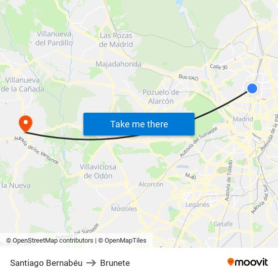 Santiago Bernabéu to Brunete map