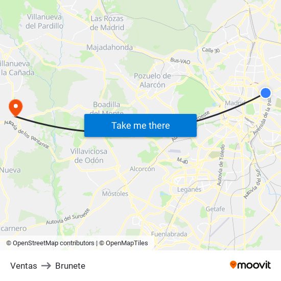 Ventas to Brunete map