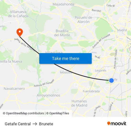Getafe Central to Brunete map