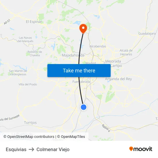 Esquivias to Colmenar Viejo map