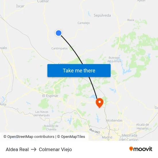 Aldea Real to Colmenar Viejo map