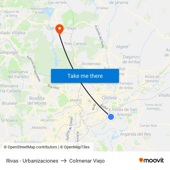 Rivas - Urbanizaciones to Colmenar Viejo map