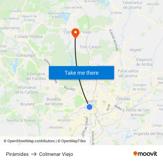 Pirámides to Colmenar Viejo map