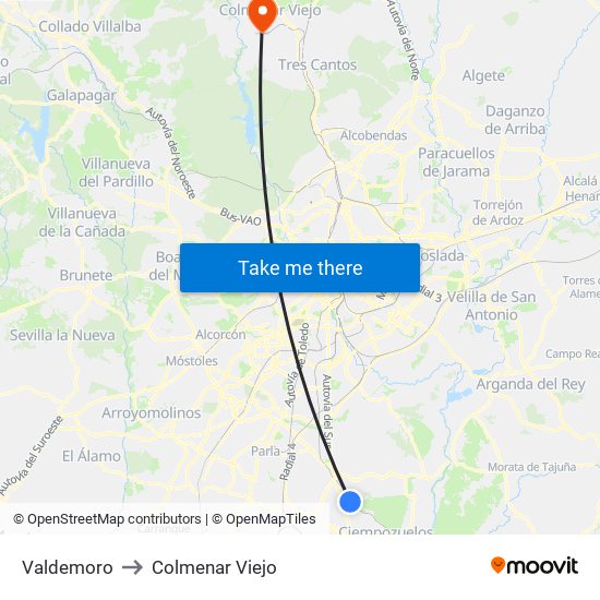 Valdemoro to Colmenar Viejo map