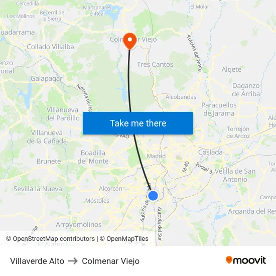 Villaverde Alto to Colmenar Viejo map