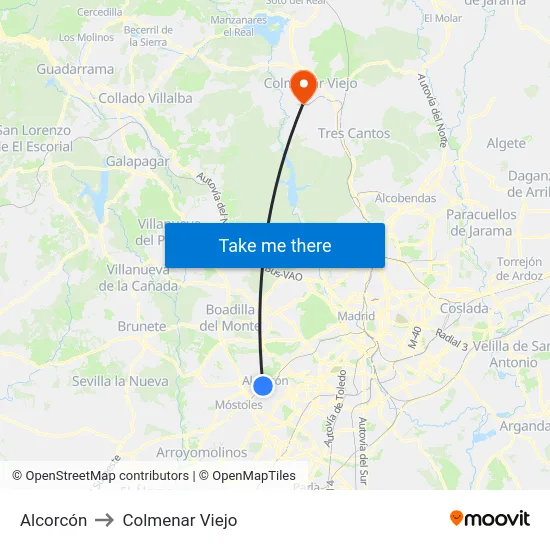 Alcorcón to Colmenar Viejo map