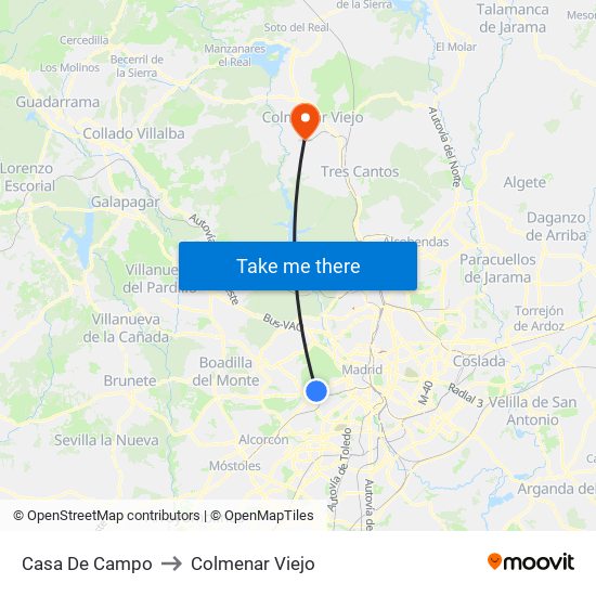 Casa De Campo to Colmenar Viejo map