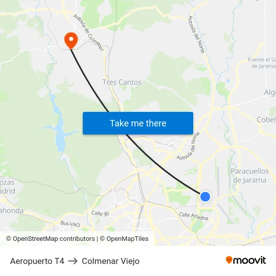 Aeropuerto T4 to Colmenar Viejo map