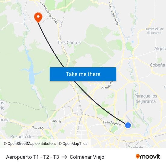 Aeropuerto T1 - T2 - T3 to Colmenar Viejo map