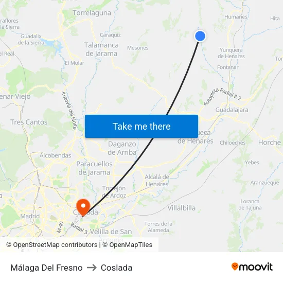 Málaga Del Fresno to Coslada map