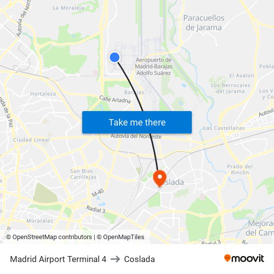 Madrid Airport Terminal 4 to Coslada map