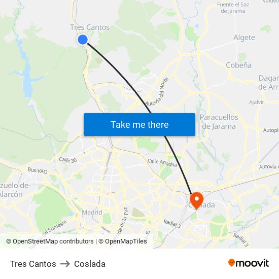 Tres Cantos to Coslada map