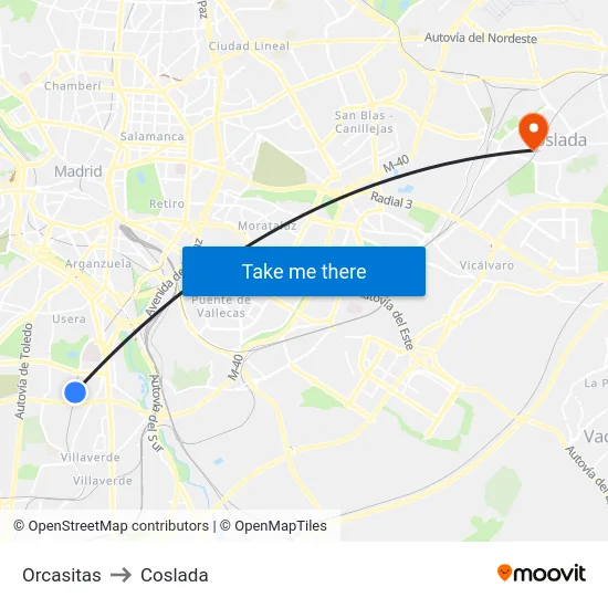 Orcasitas to Coslada map