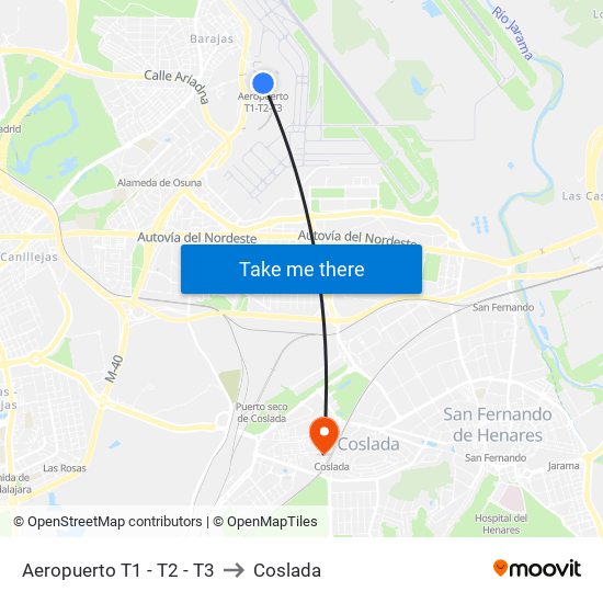 Aeropuerto T1 - T2 - T3 to Coslada map