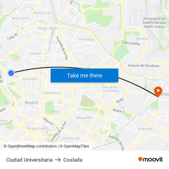 Ciudad Universitaria to Coslada map