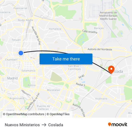 Nuevos Ministerios to Coslada map