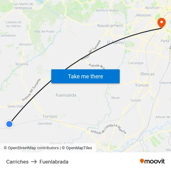 Carriches to Fuenlabrada map