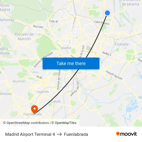 Madrid Airport Terminal 4 to Fuenlabrada map