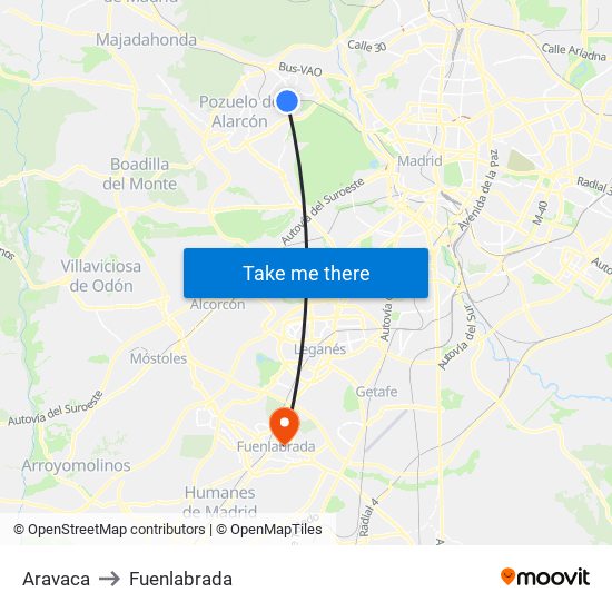 Aravaca to Fuenlabrada map