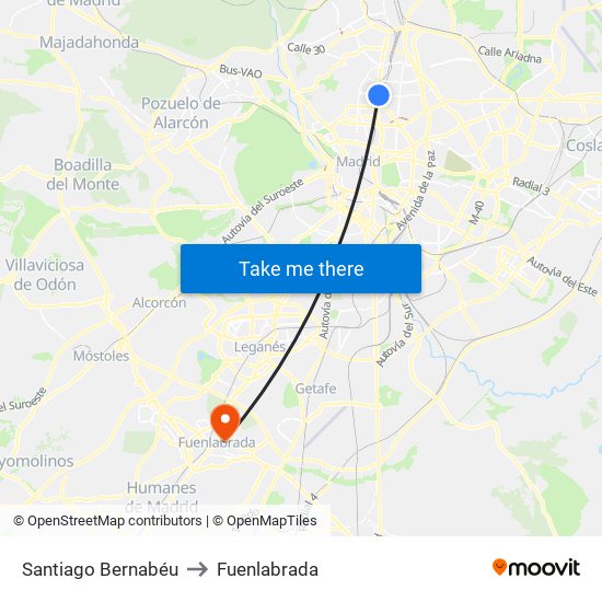 Santiago Bernabéu to Fuenlabrada map