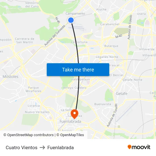 Cuatro Vientos to Fuenlabrada map