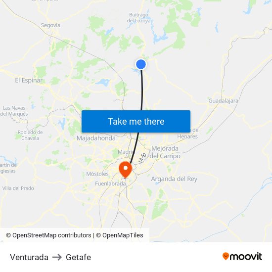 Venturada to Getafe map