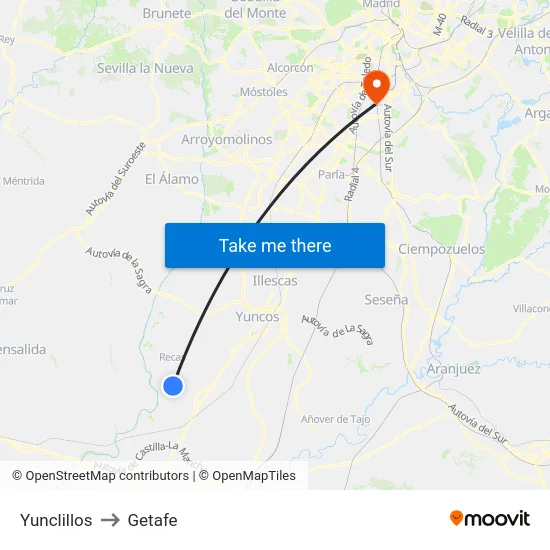 Yunclillos to Getafe map