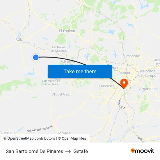 San Bartolomé De Pinares to Getafe map