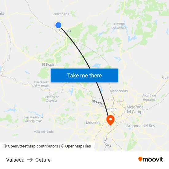 Valseca to Getafe map