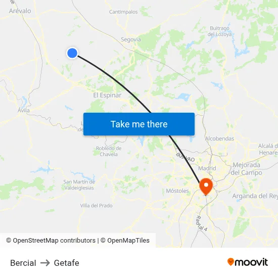 Bercial to Getafe map