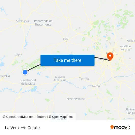 La Vera to Getafe map
