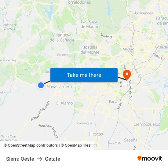 Sierra Oeste to Getafe map