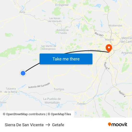 Sierra De San Vicente to Getafe map