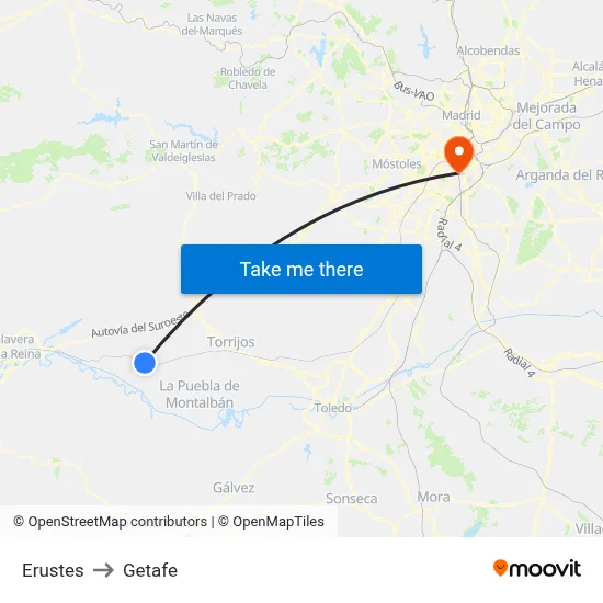 Erustes to Getafe map