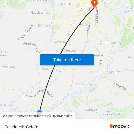 Toledo to Getafe map