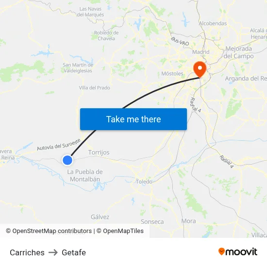 Carriches to Getafe map