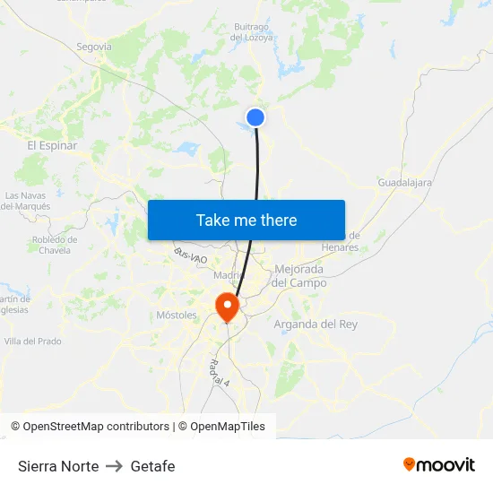Sierra Norte to Getafe map