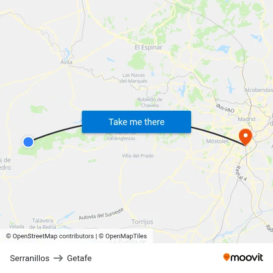 Serranillos to Getafe map