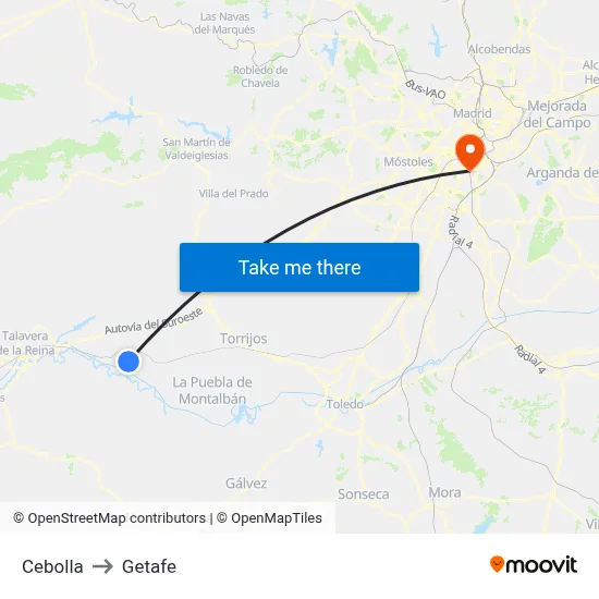 Cebolla to Getafe map