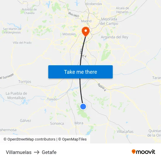 Villamuelas to Getafe map