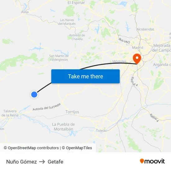 Nuño Gómez to Getafe map